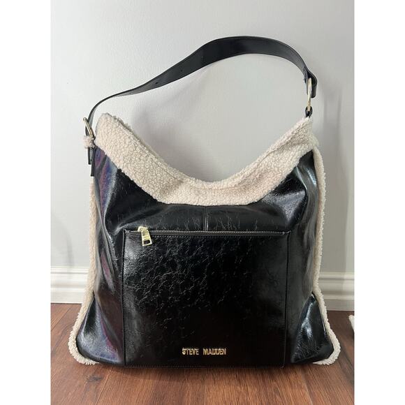 STEVE MADDEN Black Vegan Leather Shearling Extra Large Hobo Purse Bag Tote - Picture 2 of 13